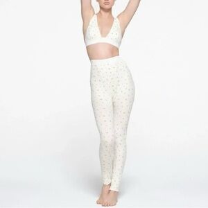 Skims Leggings Cream Floral Marigold Ribbed Knit Cotton Limited Edition Sz Small